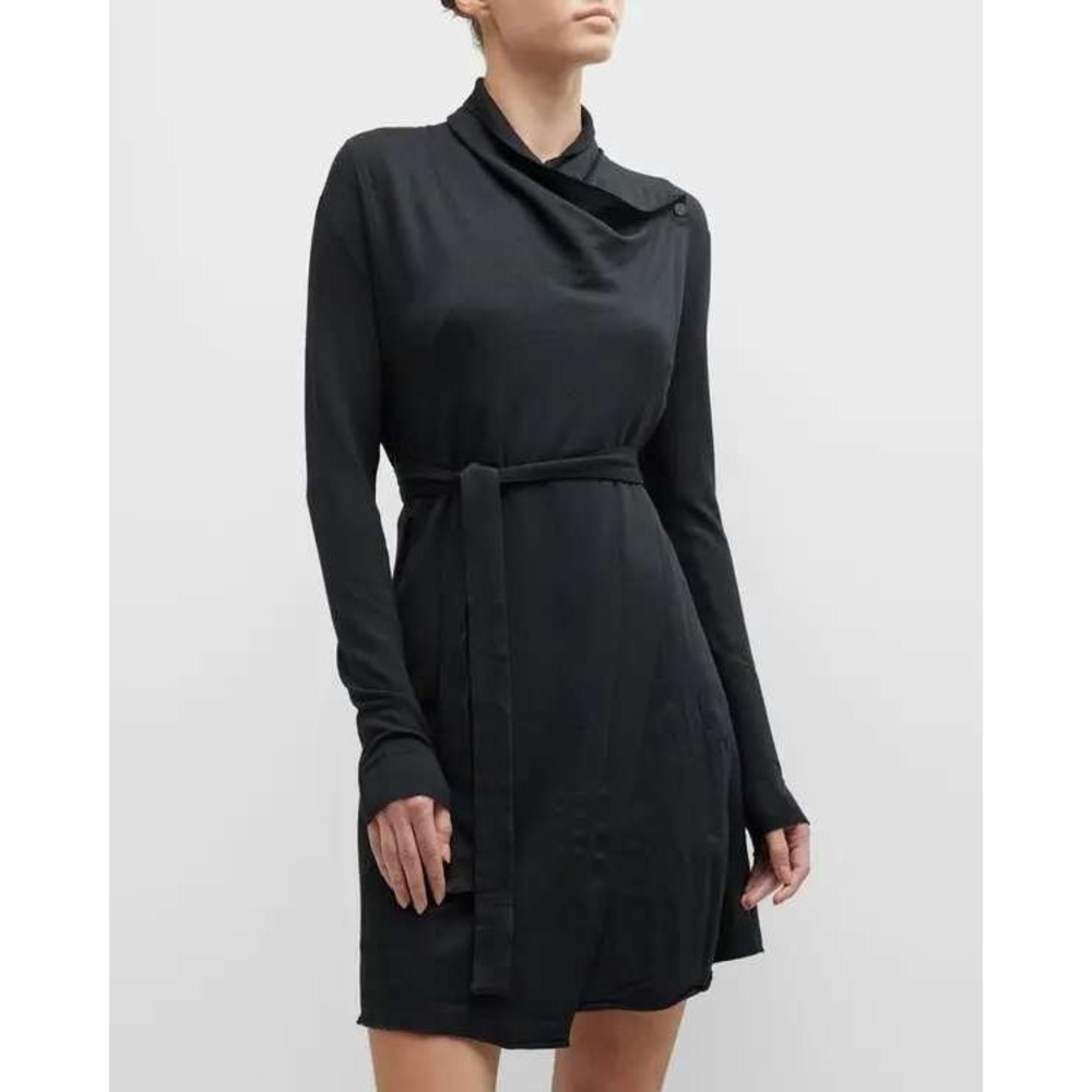 Lunya Organic Pima Short Robe Women L/XL Black Cotton Drape Wrap Belted